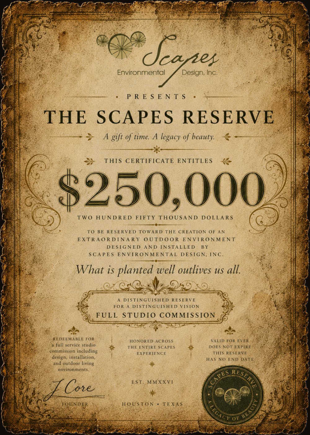 The Scapes Reserve — a $250,000 certificate, a distinguished reserve for a full studio commission, signed by founder J Core. This reserve has no end date.