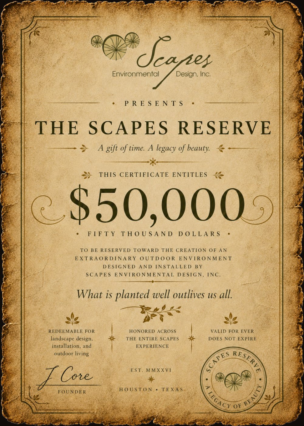 The Scapes Reserve — a $50,000 certificate on aged parchment, signed by founder J Core. Does not expire.