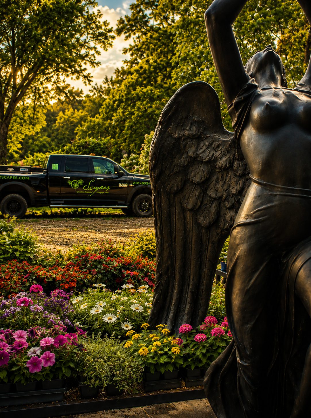 Close over the Rain Lady's wing and shoulder at golden hour — flower flats below, a Scapes truck behind her at the nursery