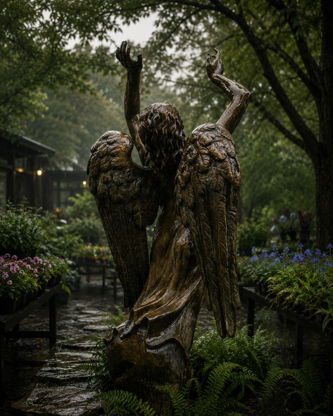 The Rain Lady in falling rain, wings dark and wet, flowers around her
