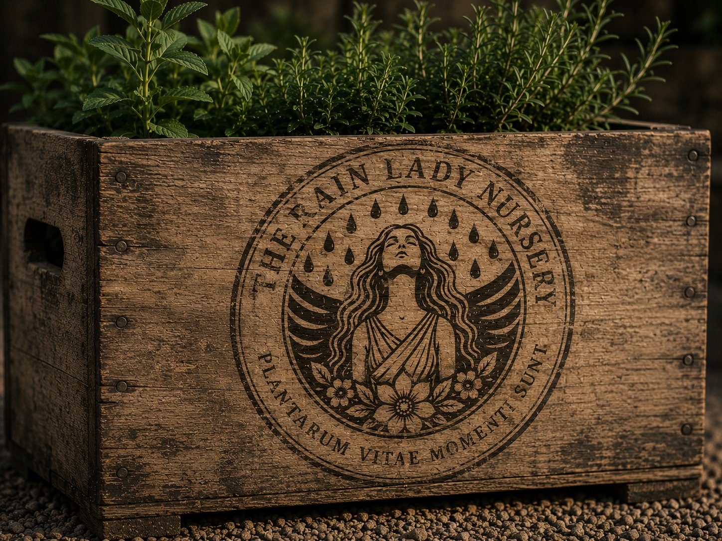 Herbs spilling from a Rain Lady Nursery crate