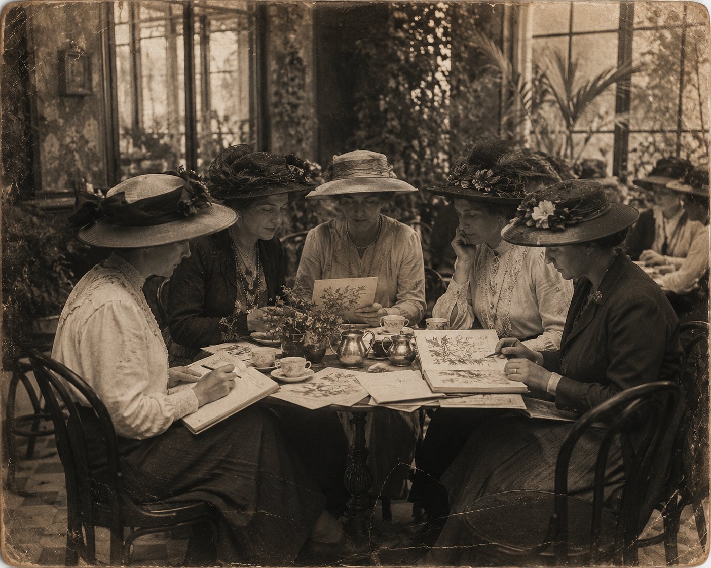 An aged photograph, c.1920s — a society of women in a glass conservatory, bent over botanical drawings and pressed-plant sheets over tea