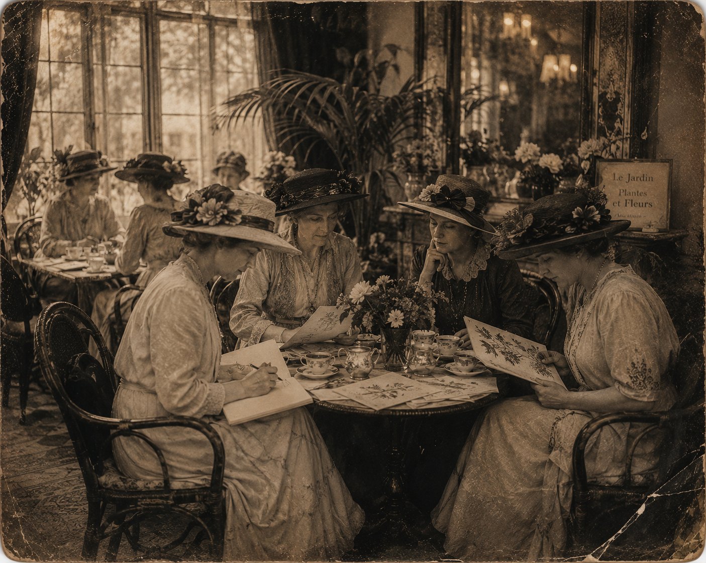 Women sketching plants at a café table beneath a 'Le Jardin — Plantes et Fleurs' sign, c.1920s