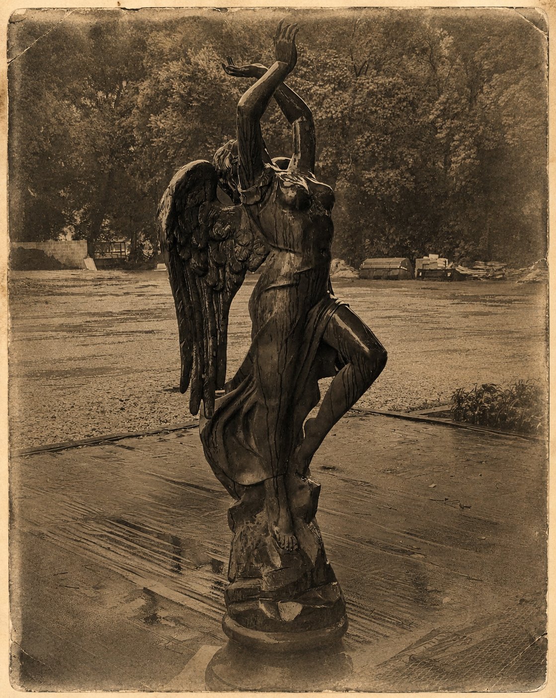 The Rain Lady statue, rendered as an aged tintype photograph