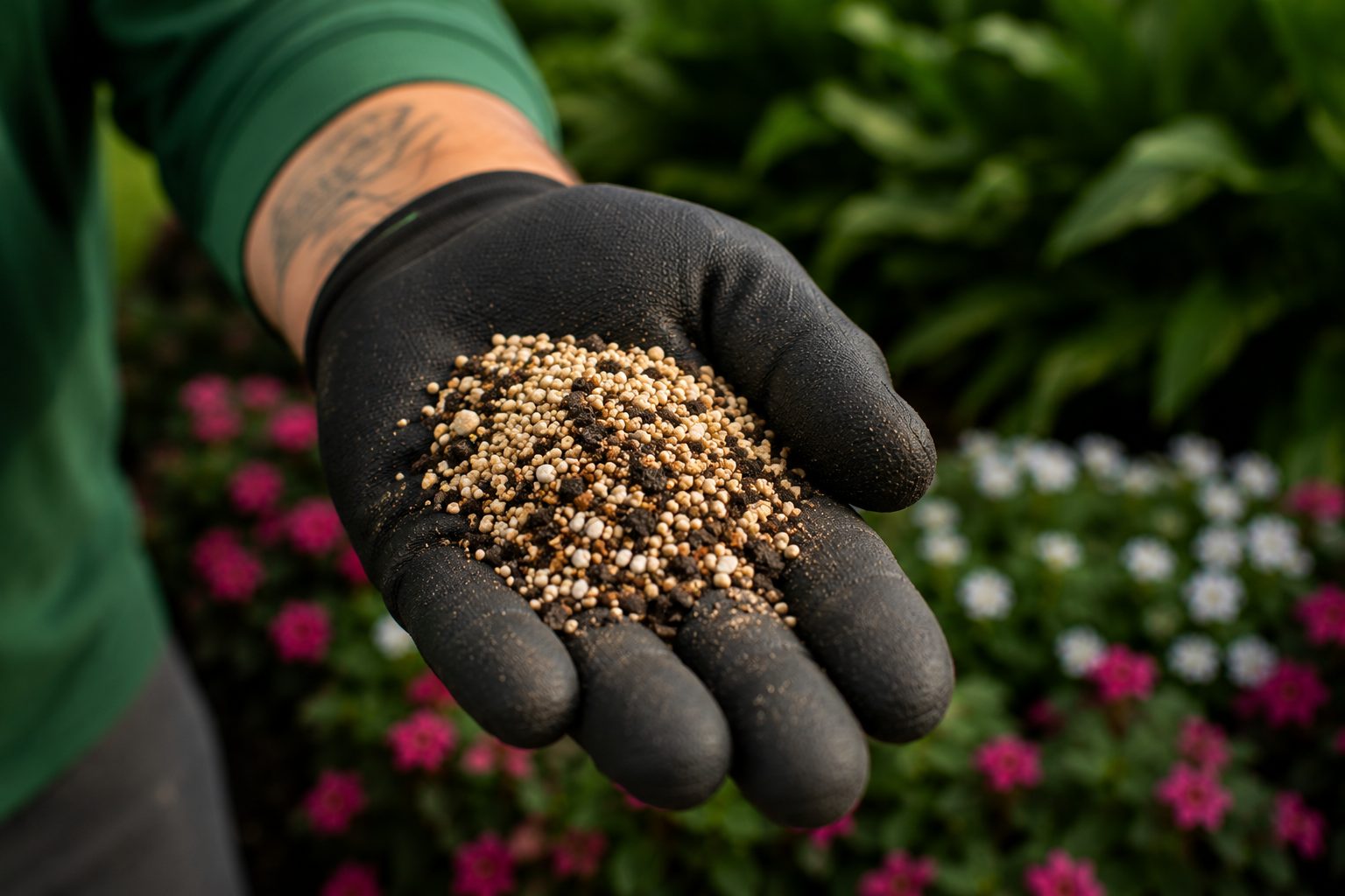 A gloved hand holding the granular Root Juice blend over a flower bed