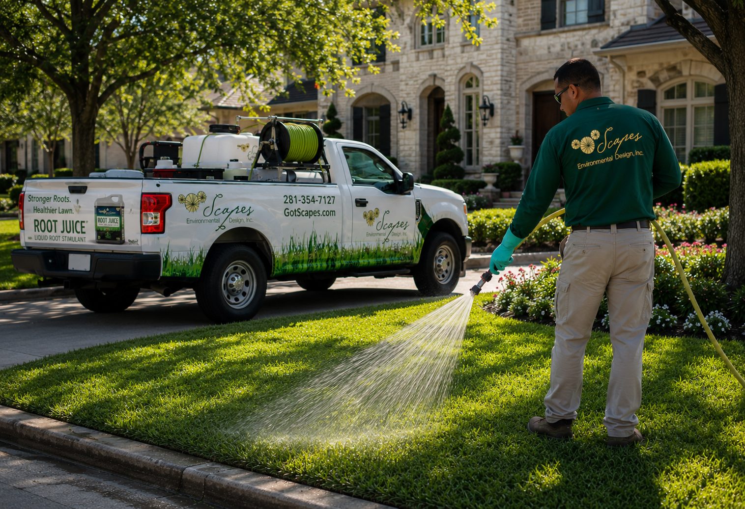 A Scapes crew member in a green shirt walks a yellow hose across a deep green lawn, spraying Root Juice in a wide fan. The white Scapes truck with its tank and hose reel sits at the curb in front of a stone home.
