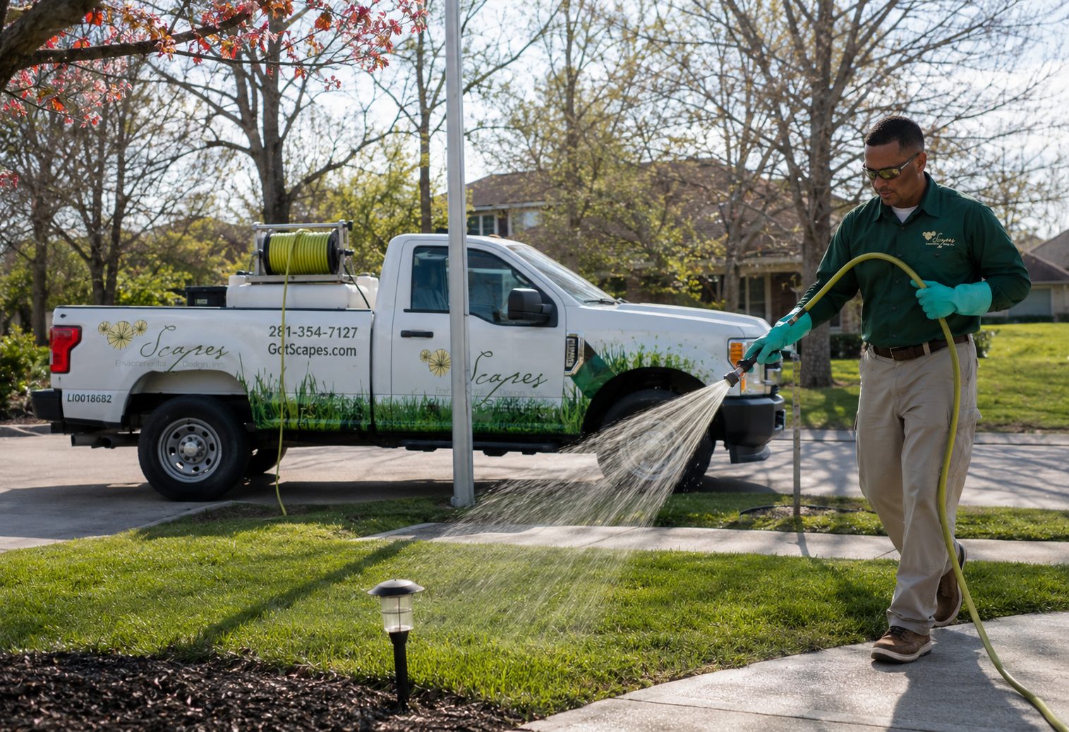 A Scapes crew member sprays Root Juice across a lawn from a hose reeled off the truck. Bare early-spring trees stand behind the white Scapes truck at the curb.