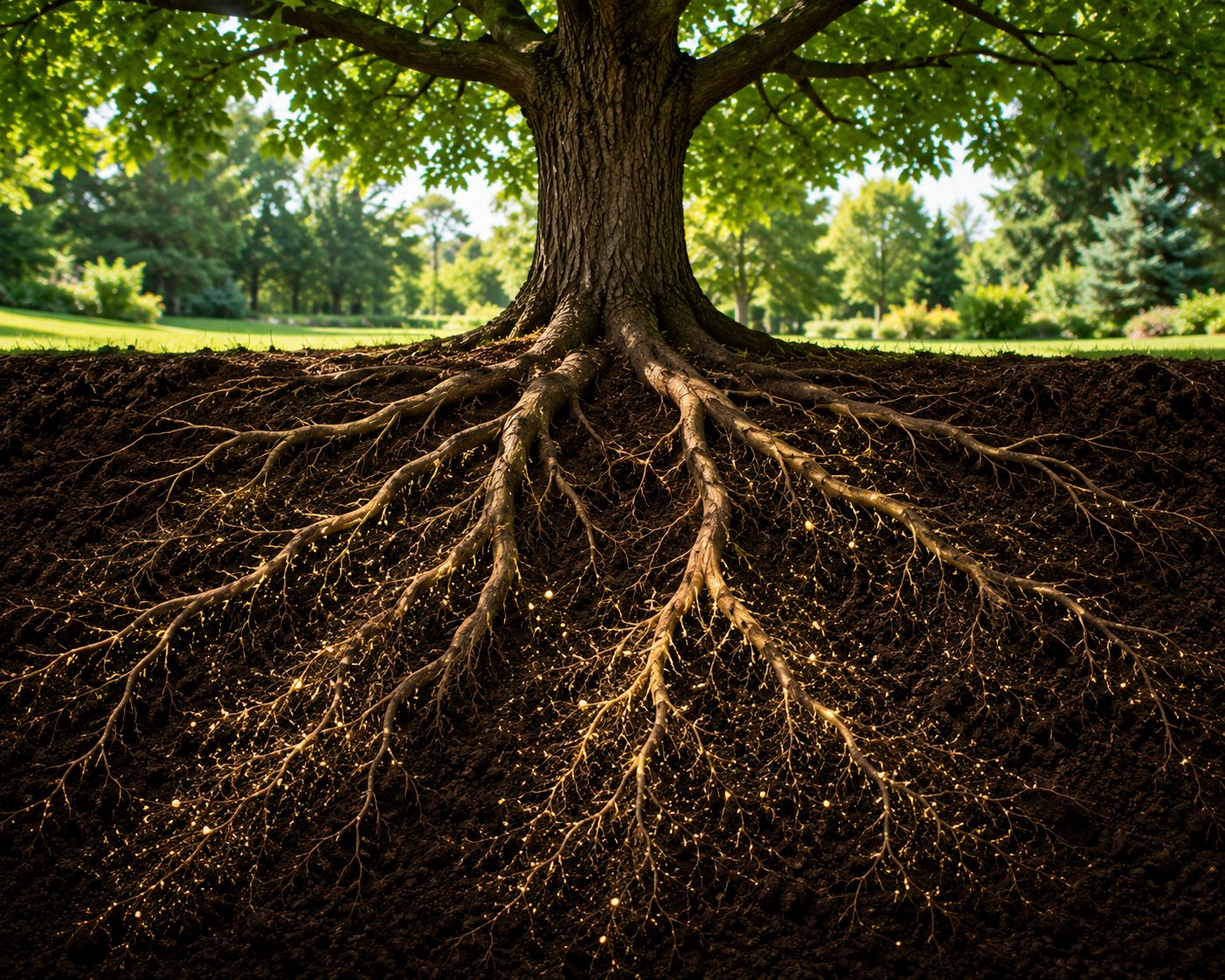 A tree in cross-section, its roots glowing gold as they feed underground