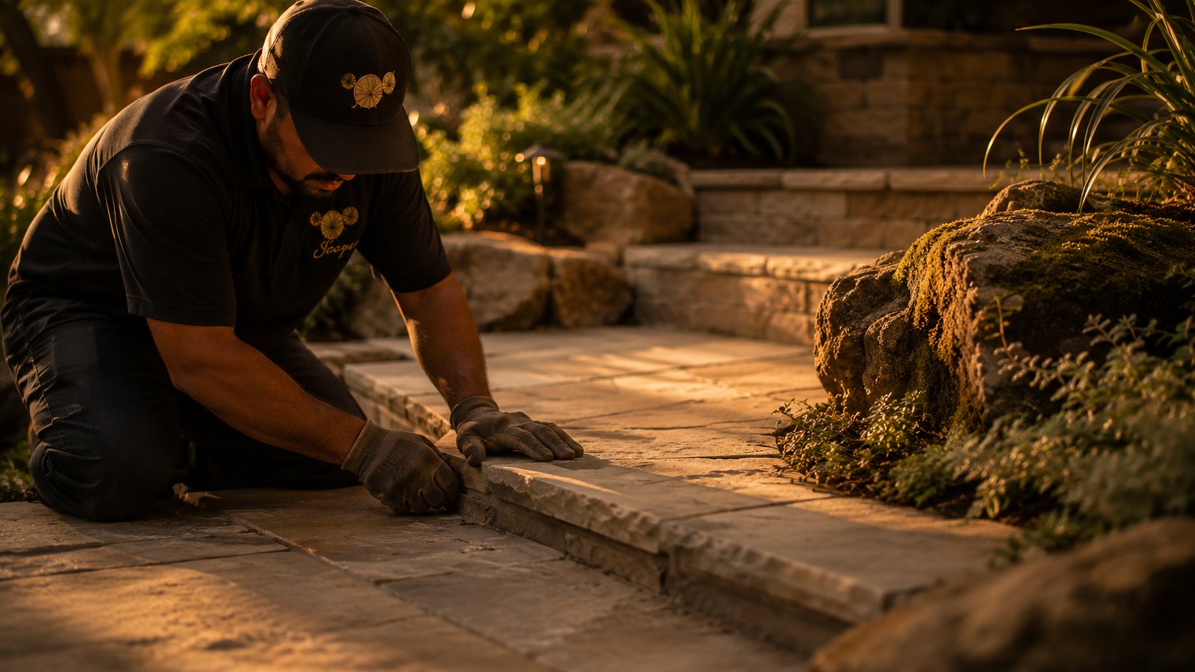 A Scapes craftsman in a branded cap setting a flagstone edge by hand at golden hour.