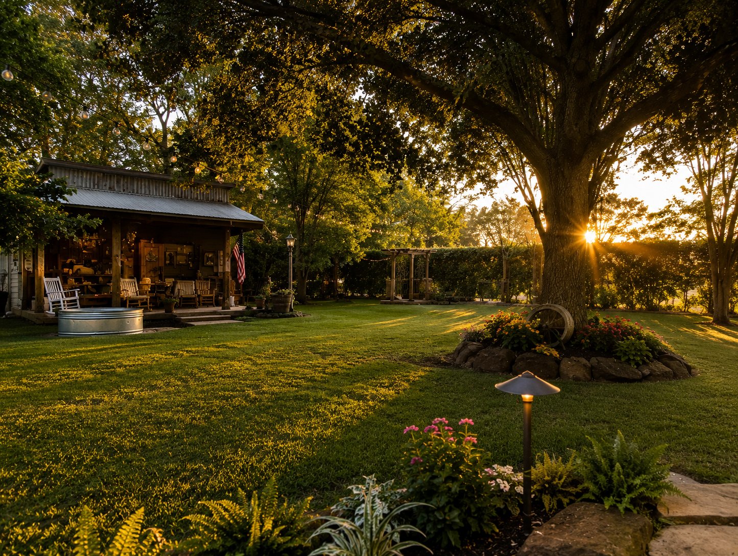 The studio porch at golden hour — rocking chairs and string lights under a wide oak, landscape lighting warming the lawn as the sun sets.