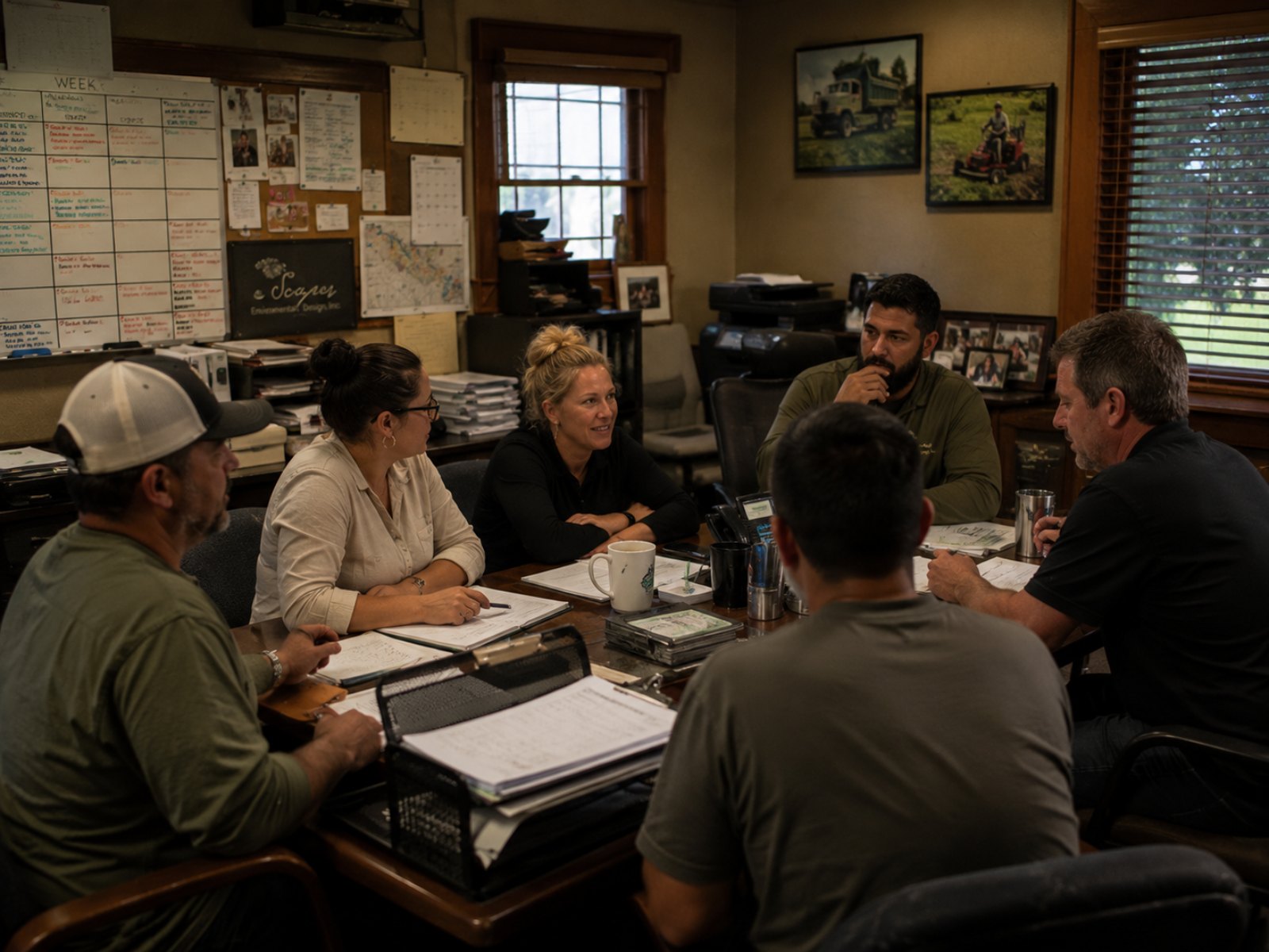 The Scapes leadership team gathered around the office conference table in a planning meeting, the company sign and week board on the wall