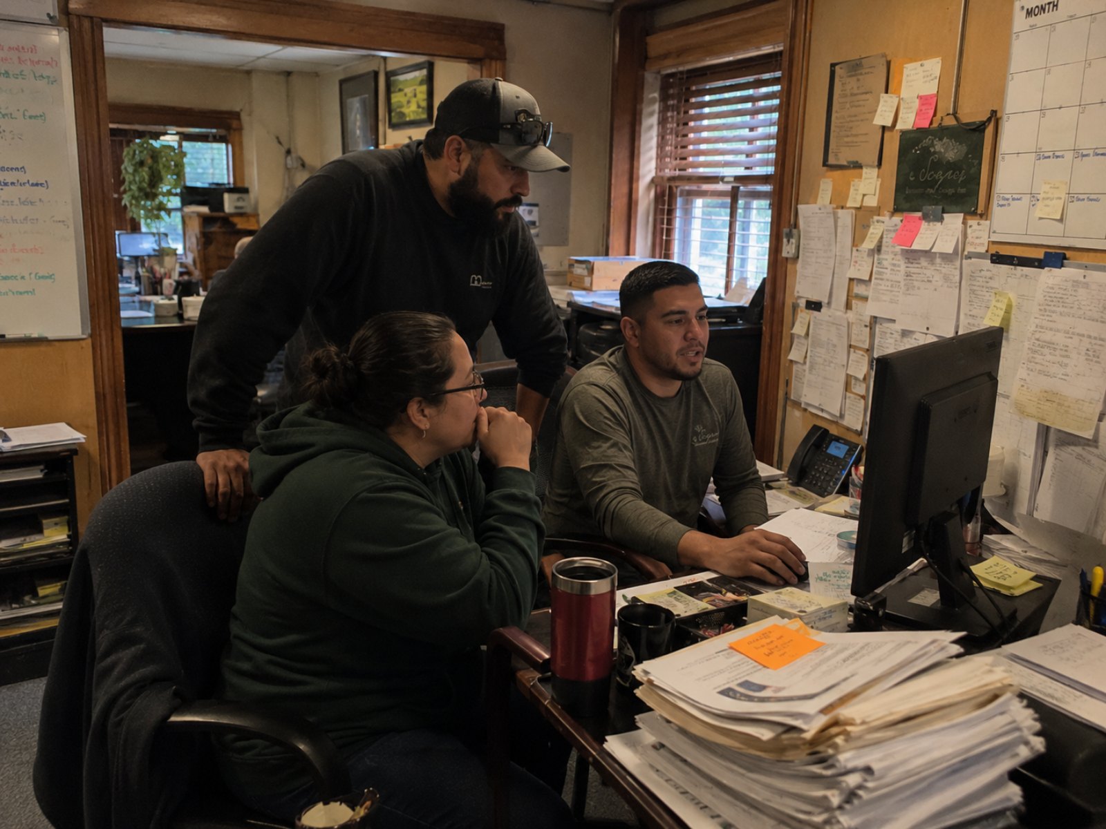 Three Scapes office team members working together around a desktop monitor, calendars and paperwork around them