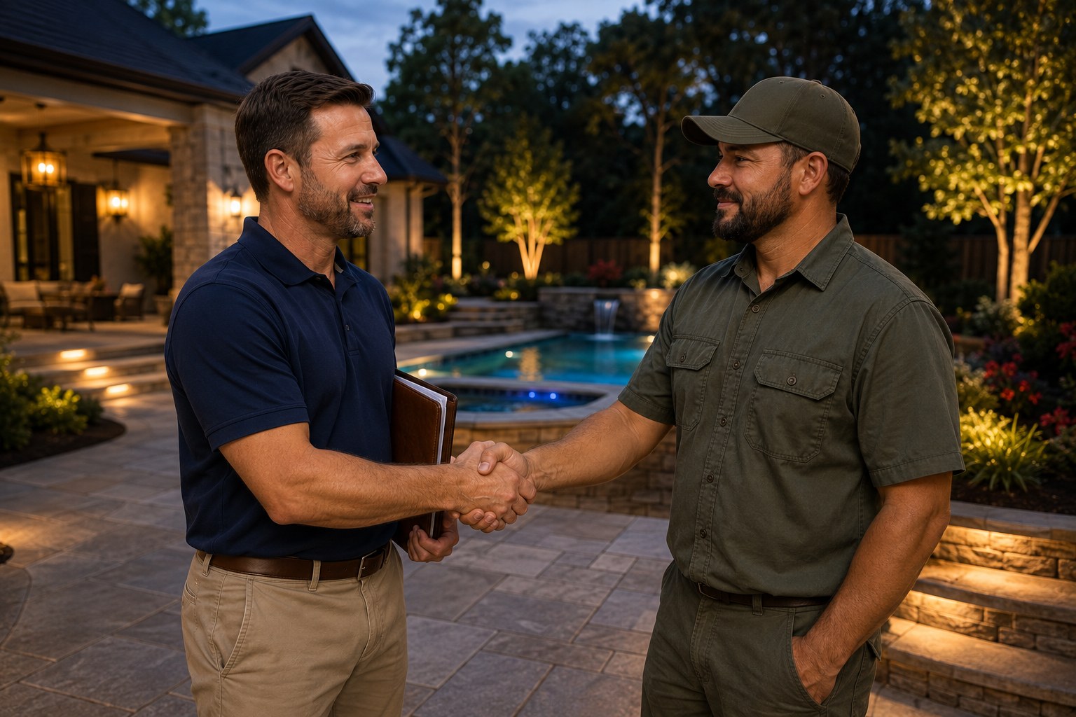 The builder and the Scapes contractor shake hands at dusk over a finished backyard, folder under the builder's arm