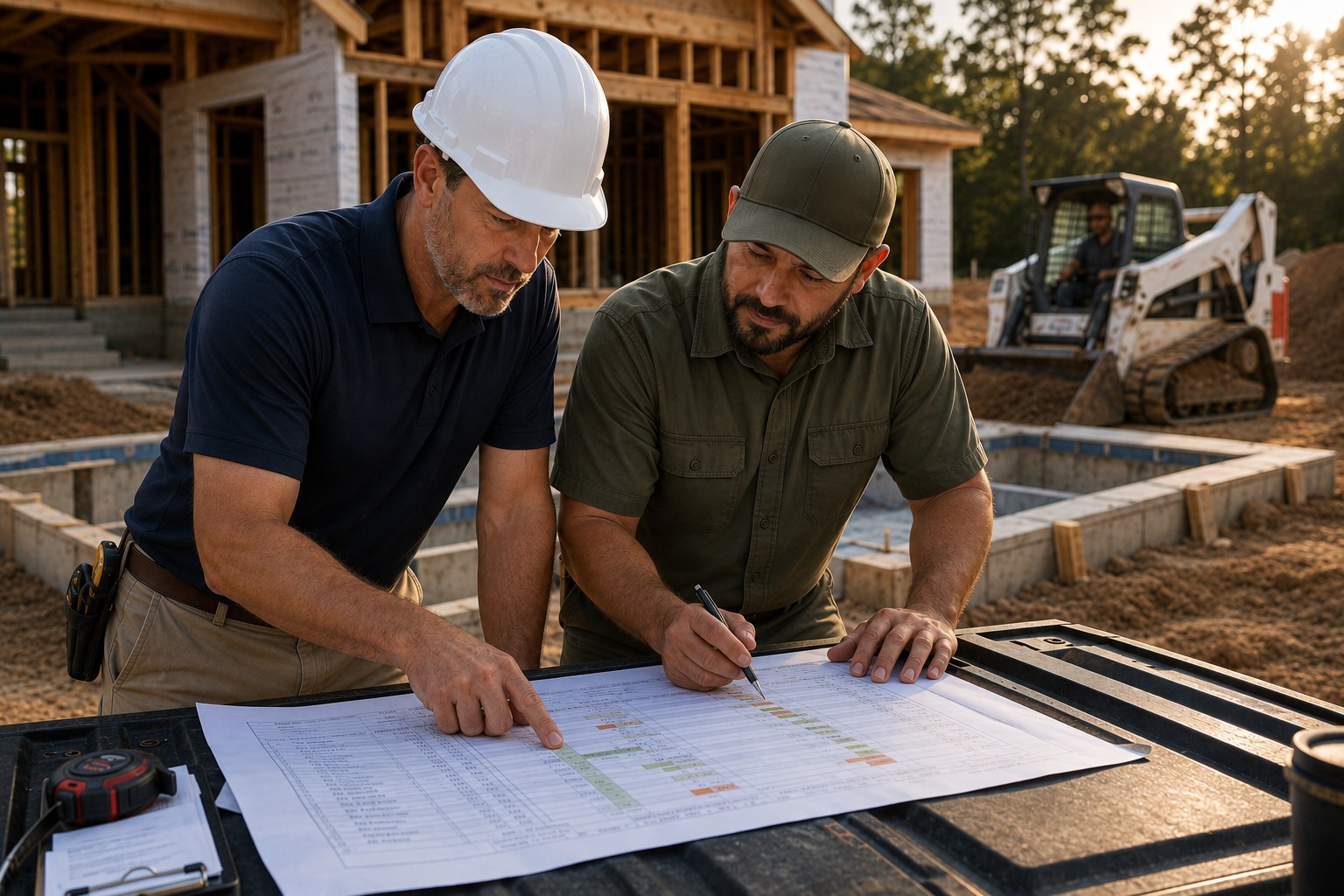 A GC and the Scapes contractor working a construction schedule together at a jobsite tailgate