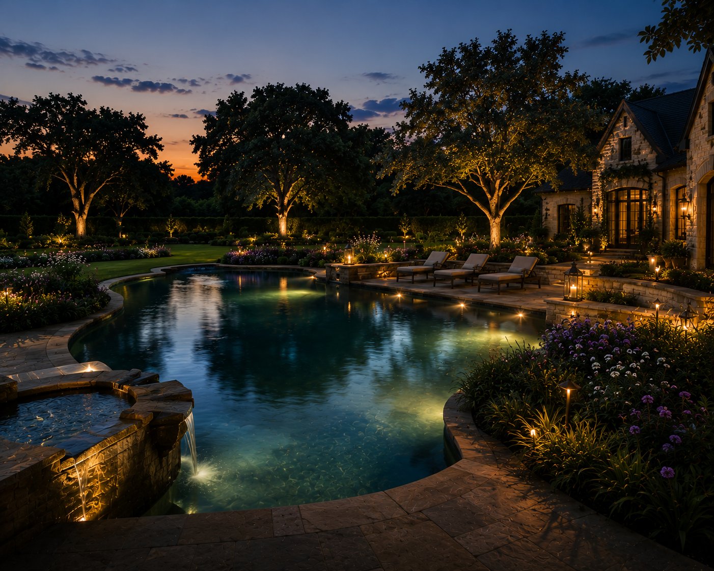 The water — pool, pond, or water feature