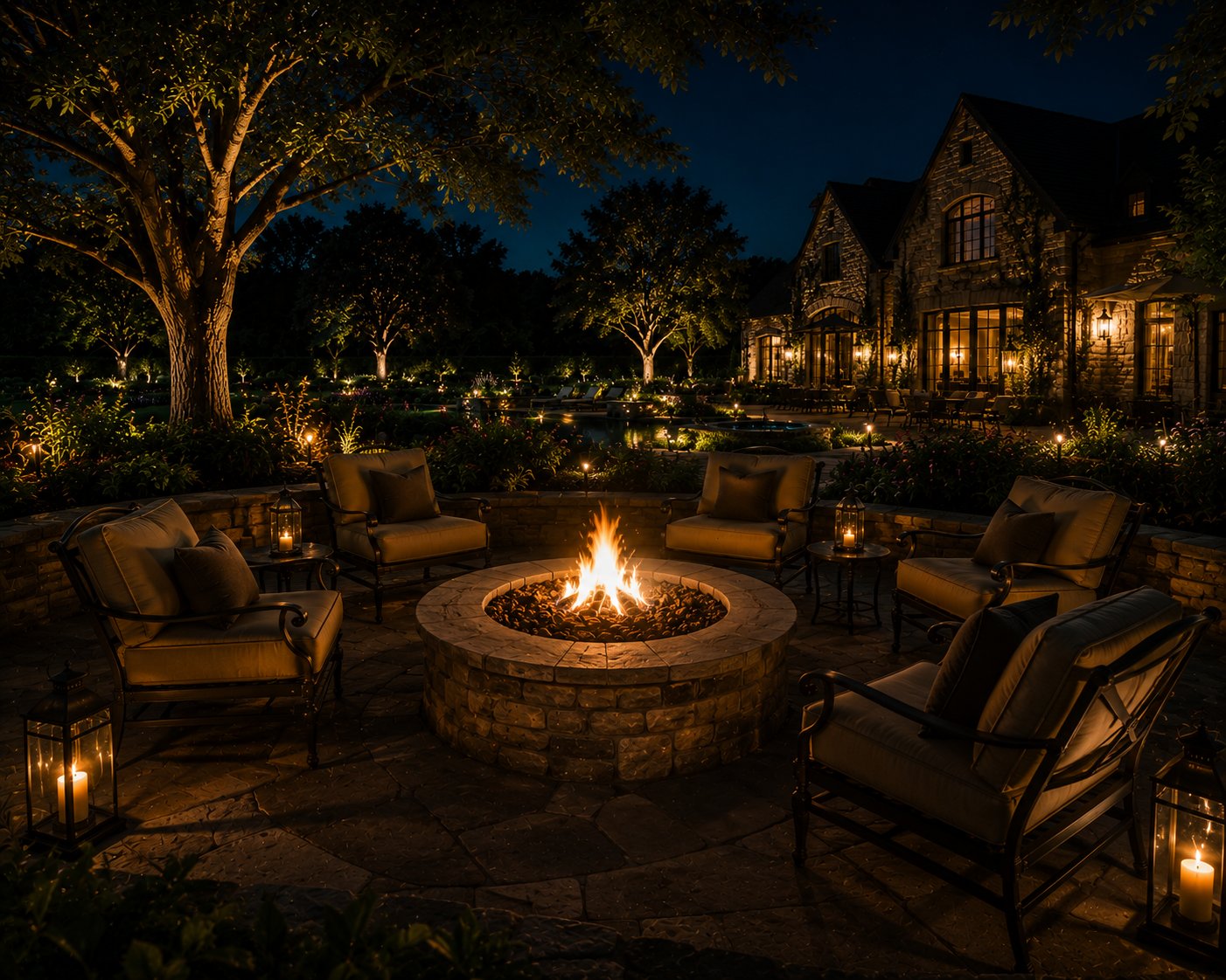 The fire — the fire pit after dark